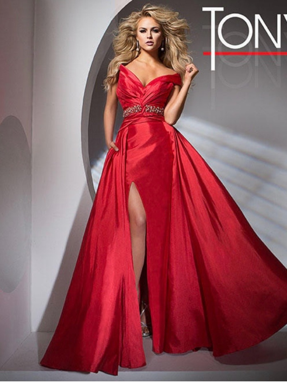 Tony Bowls Red Off-Shoulder Beaded Waist Maxi Gown